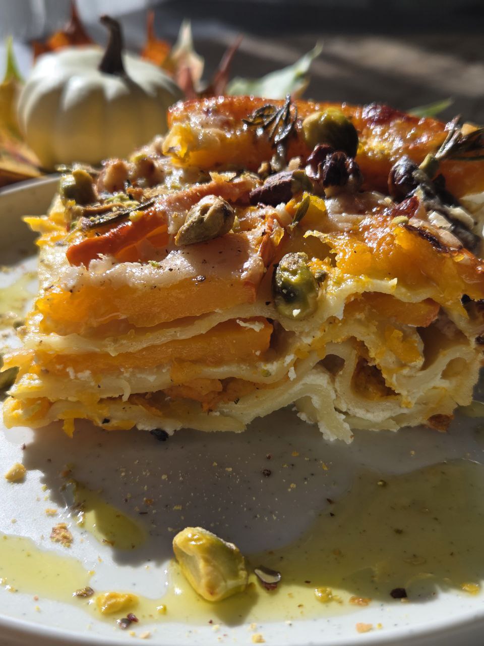 Kürbis-Lasagne mit Ricotta auf Teller serviert