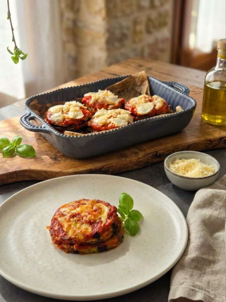Übersicht der frischen Zutaten für Parmigiana di Melanzane mit Auberginen, Maismehl und Cherrytomaten auf einer rustikalen Arbeitsfläche.