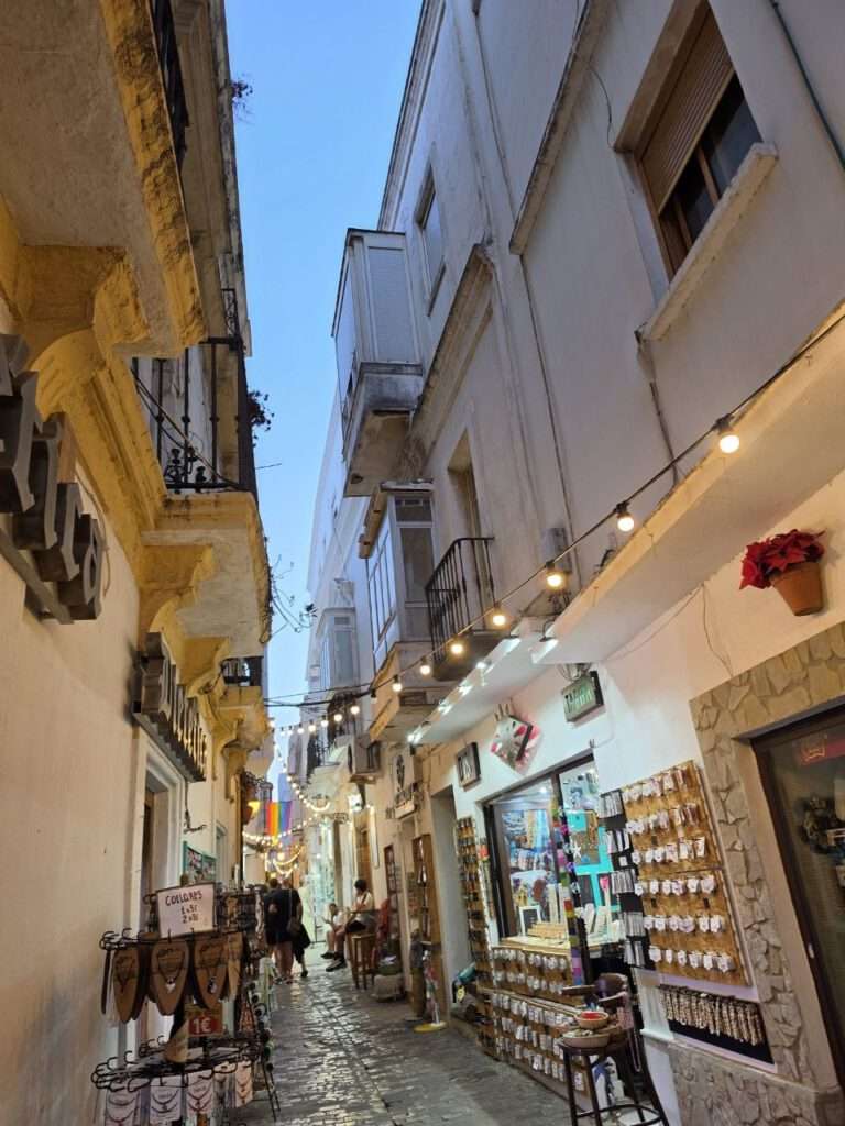 Andalusien-Roadtrip mit Kind: Tarifa, Cádiz und die schönsten Dünen 5 Andalusien-Roadtrip mit Kind: Tarifa, Cádiz und die schönsten Dünen Gasse in der Altstadt von Tarifa mit Lichterketenund kleinen Läden