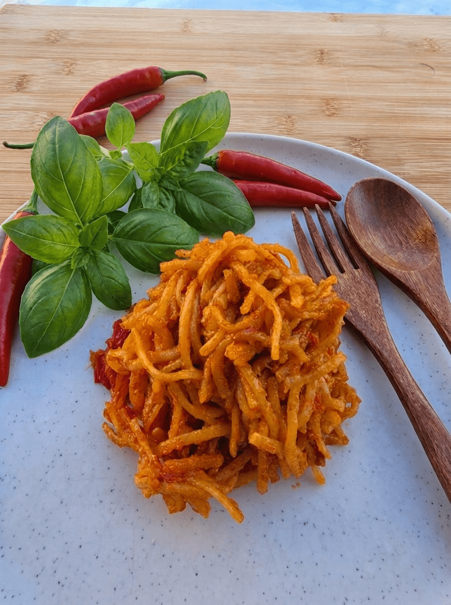 Spaghetti all'assassina angerichtet auf weißem Teller mit Basilikum und frischer Chili